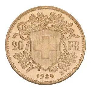 22ct Gold Helvetia Swiss 20 Francs Coin 1930