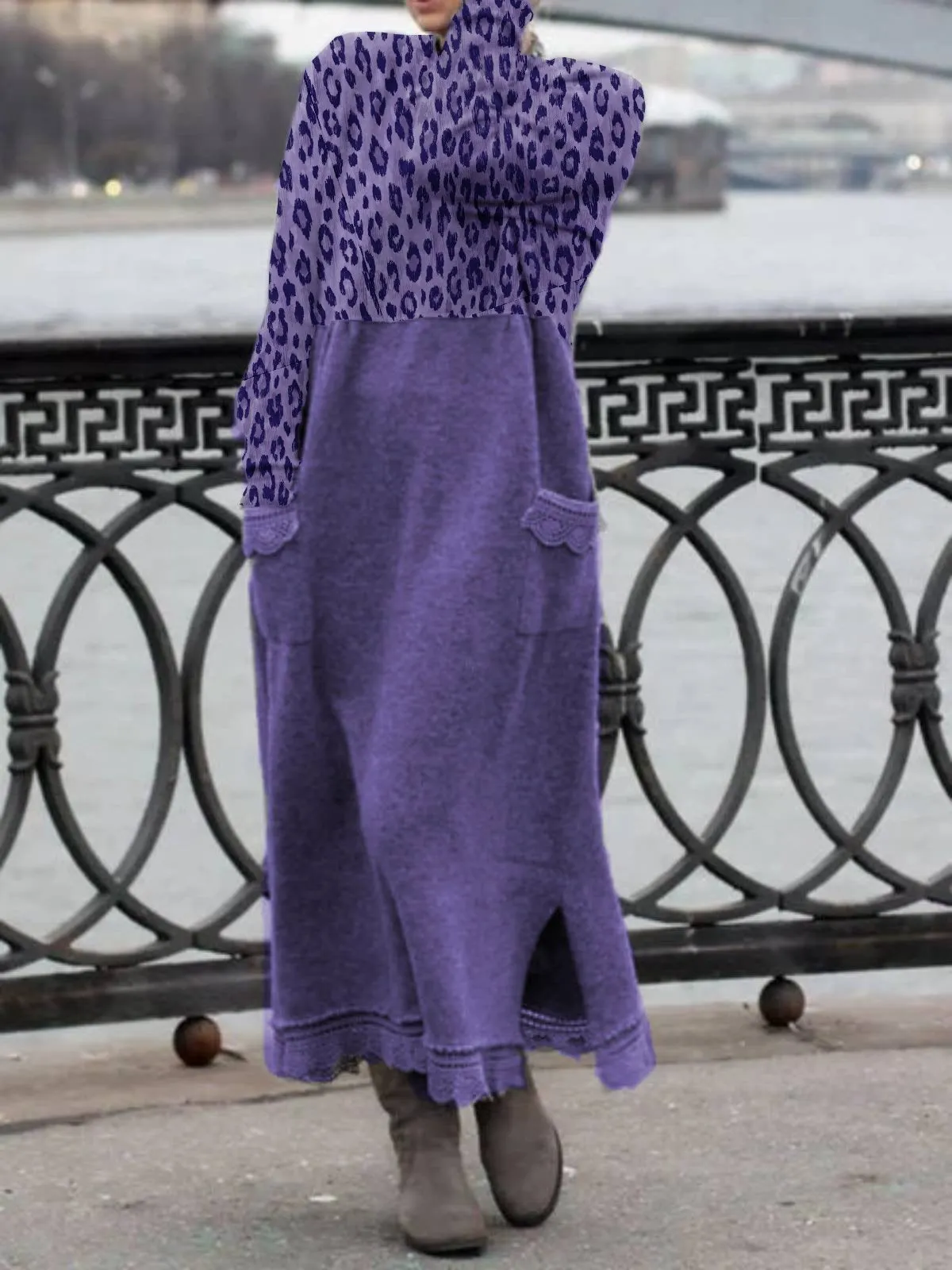 Autumn And Winter Leopard Stitching Round Neck Cotton Loose Dress