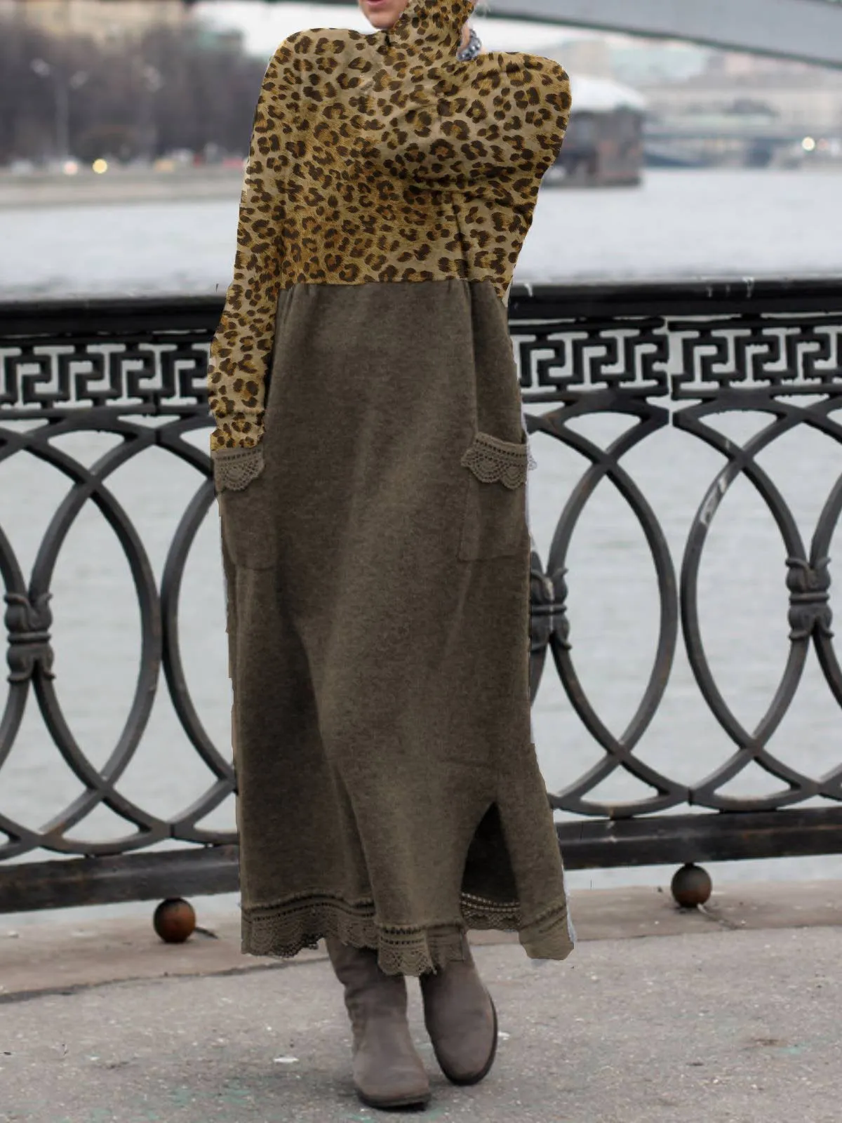 Autumn And Winter Leopard Stitching Round Neck Cotton Loose Dress