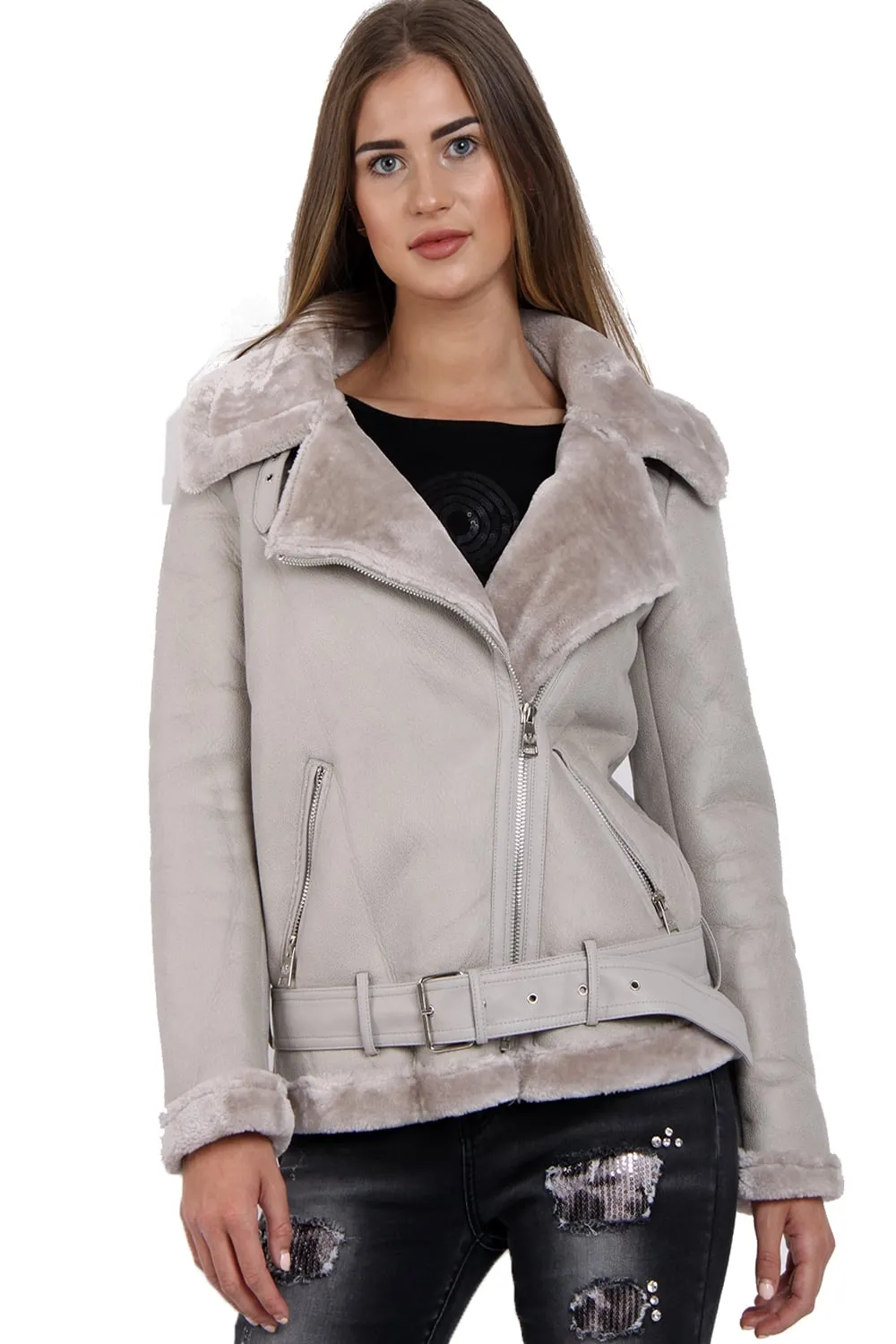 Aviator Fleece Lined Belted Biker Jacket Coat With Silver Buckle