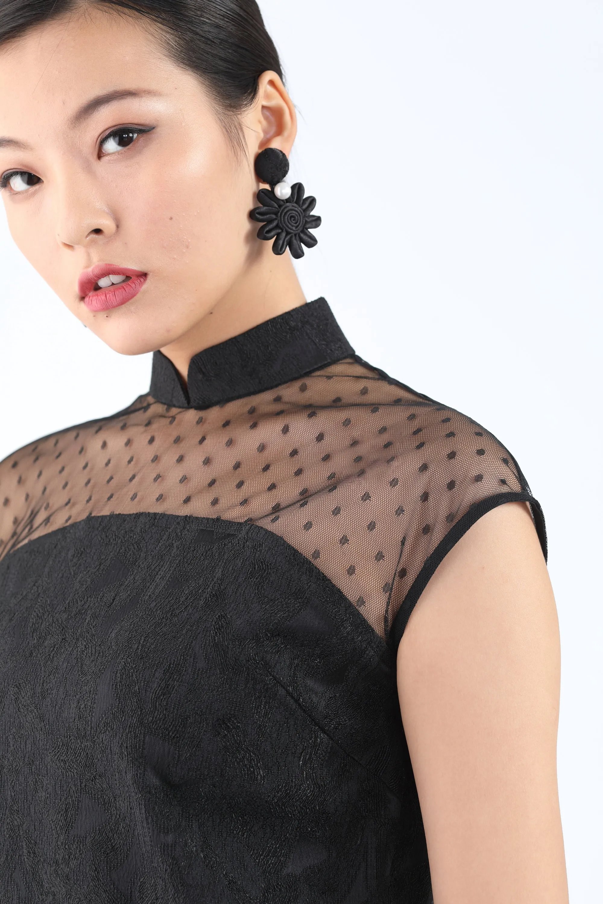 Black Abstract jacquard See-Through Shoulder Mesh Top