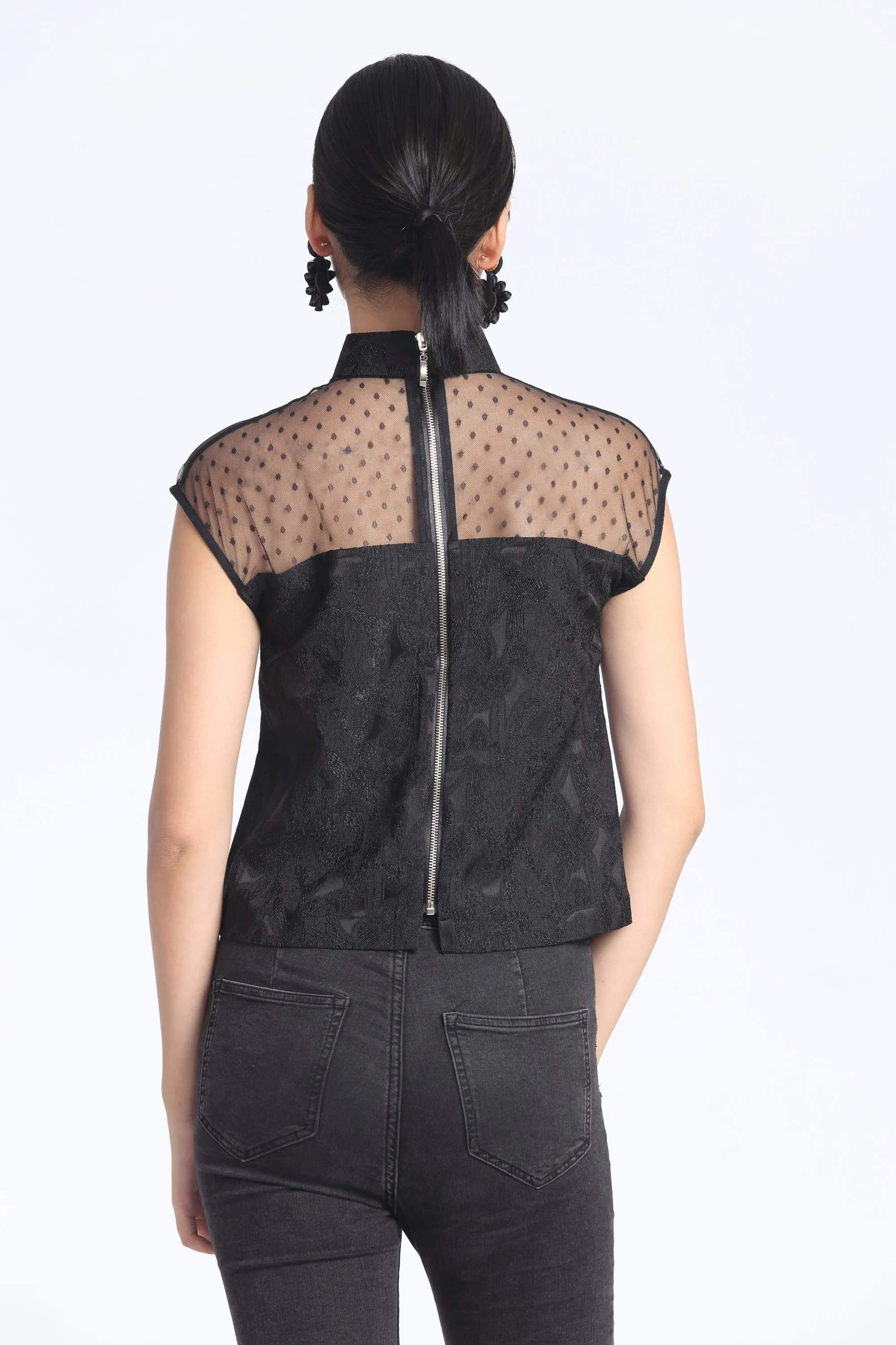 Black Abstract jacquard See-Through Shoulder Mesh Top