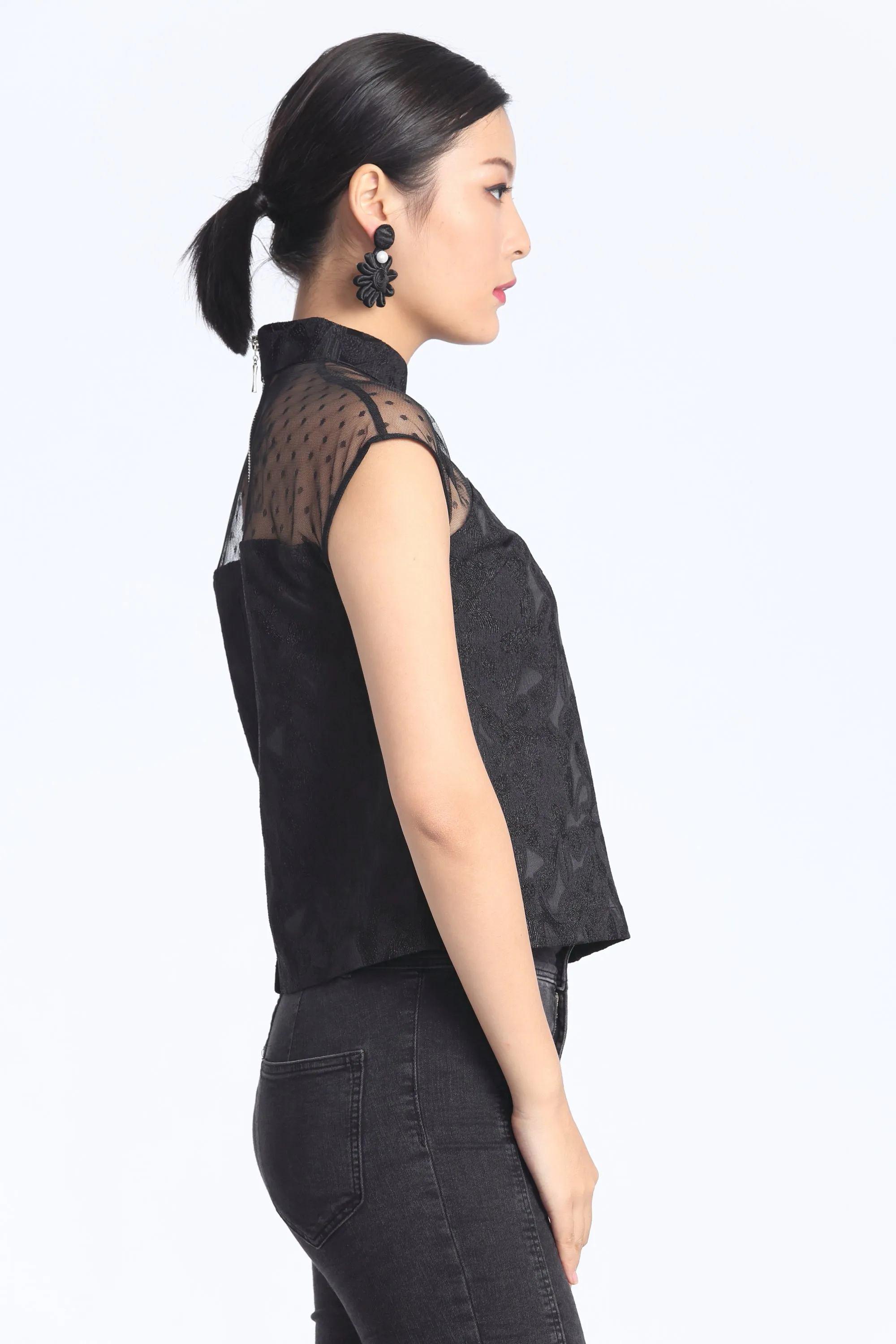 Black Abstract jacquard See-Through Shoulder Mesh Top