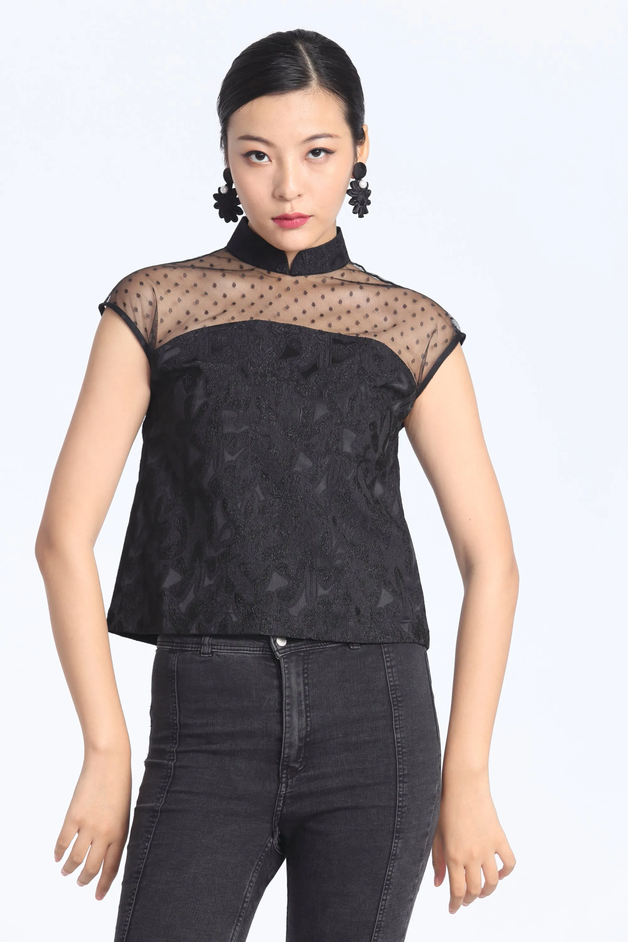 Black Abstract jacquard See-Through Shoulder Mesh Top