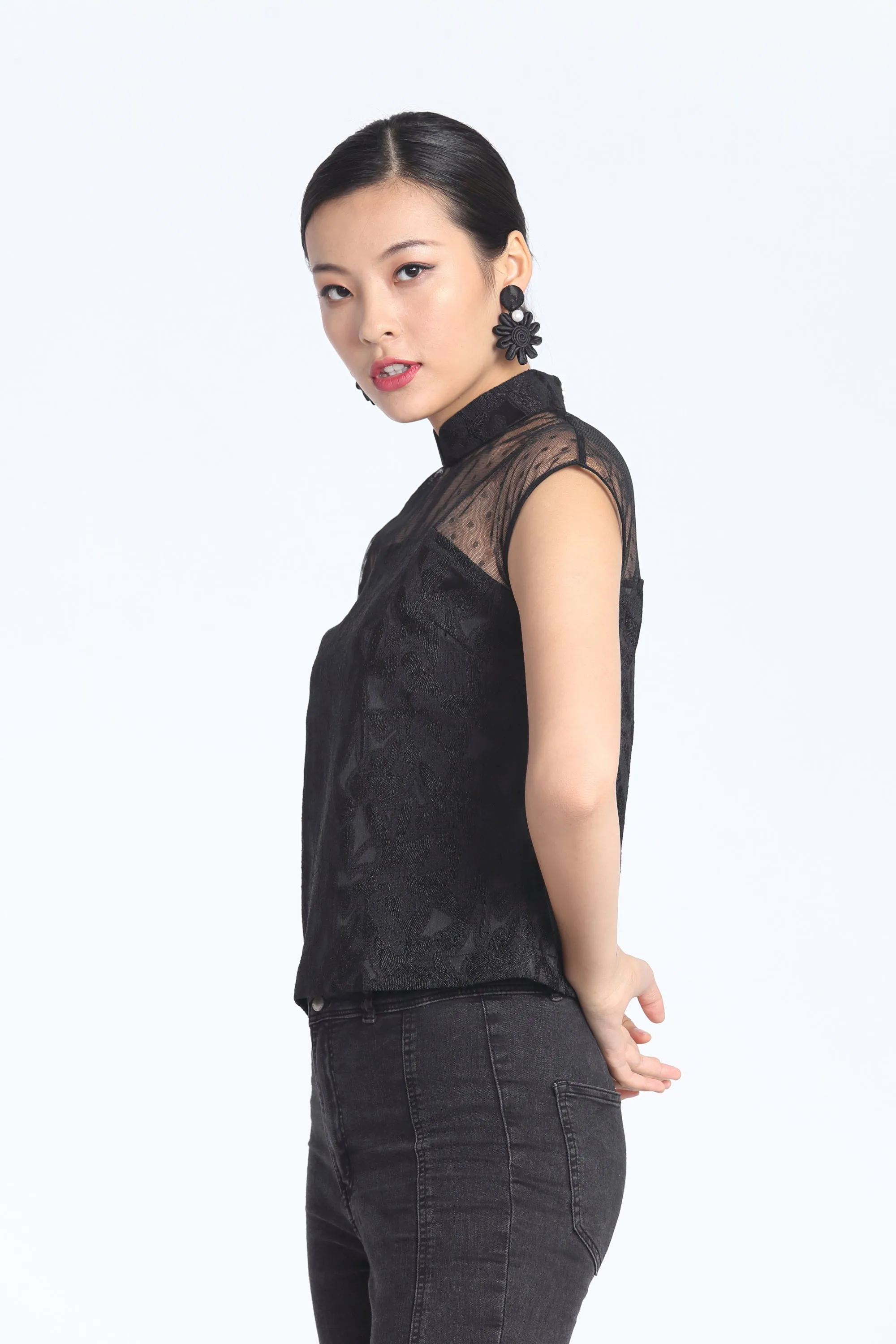 Black Abstract jacquard See-Through Shoulder Mesh Top