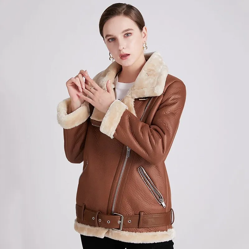 Black Friday Sales New Women Winter Lambs Wool Parkas Fur Collar Zipper Jacket Warm Thick Outerwear Faux Lamb Leather Coat Moto Outwear