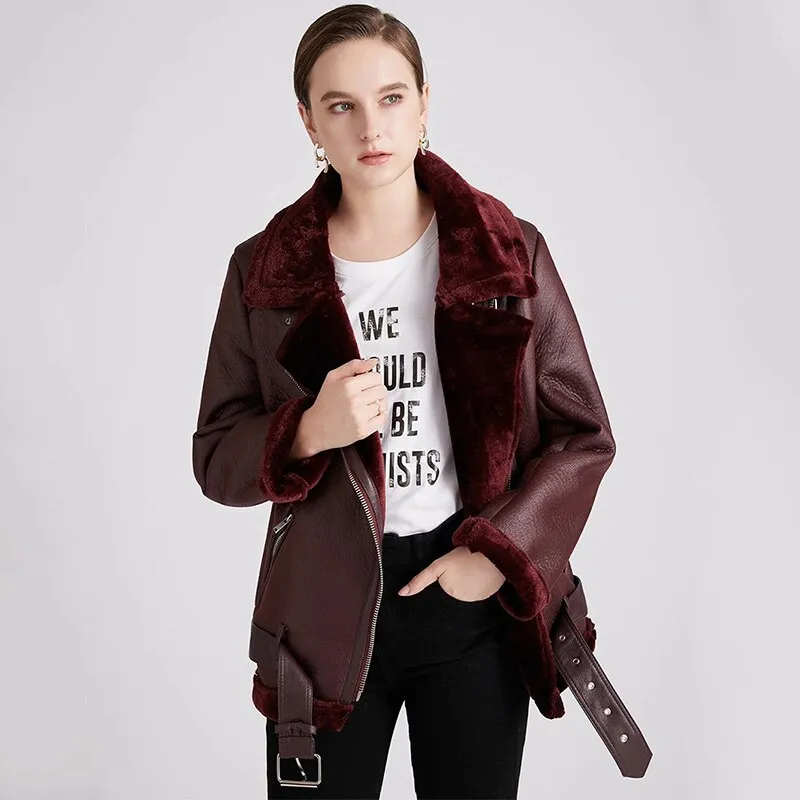 Black Friday Sales New Women Winter Lambs Wool Parkas Fur Collar Zipper Jacket Warm Thick Outerwear Faux Lamb Leather Coat Moto Outwear