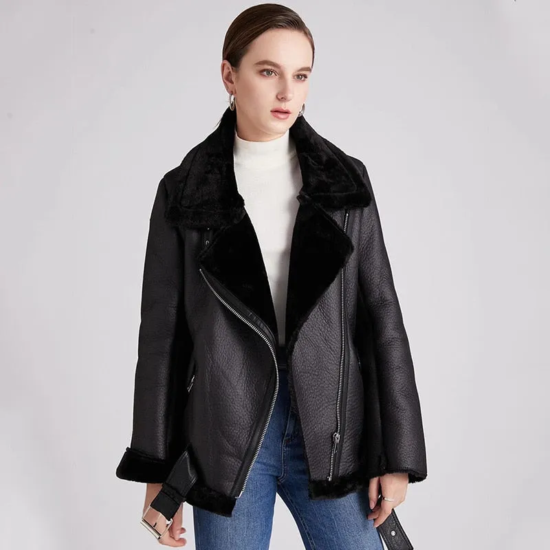 Black Friday Sales New Women Winter Lambs Wool Parkas Fur Collar Zipper Jacket Warm Thick Outerwear Faux Lamb Leather Coat Moto Outwear