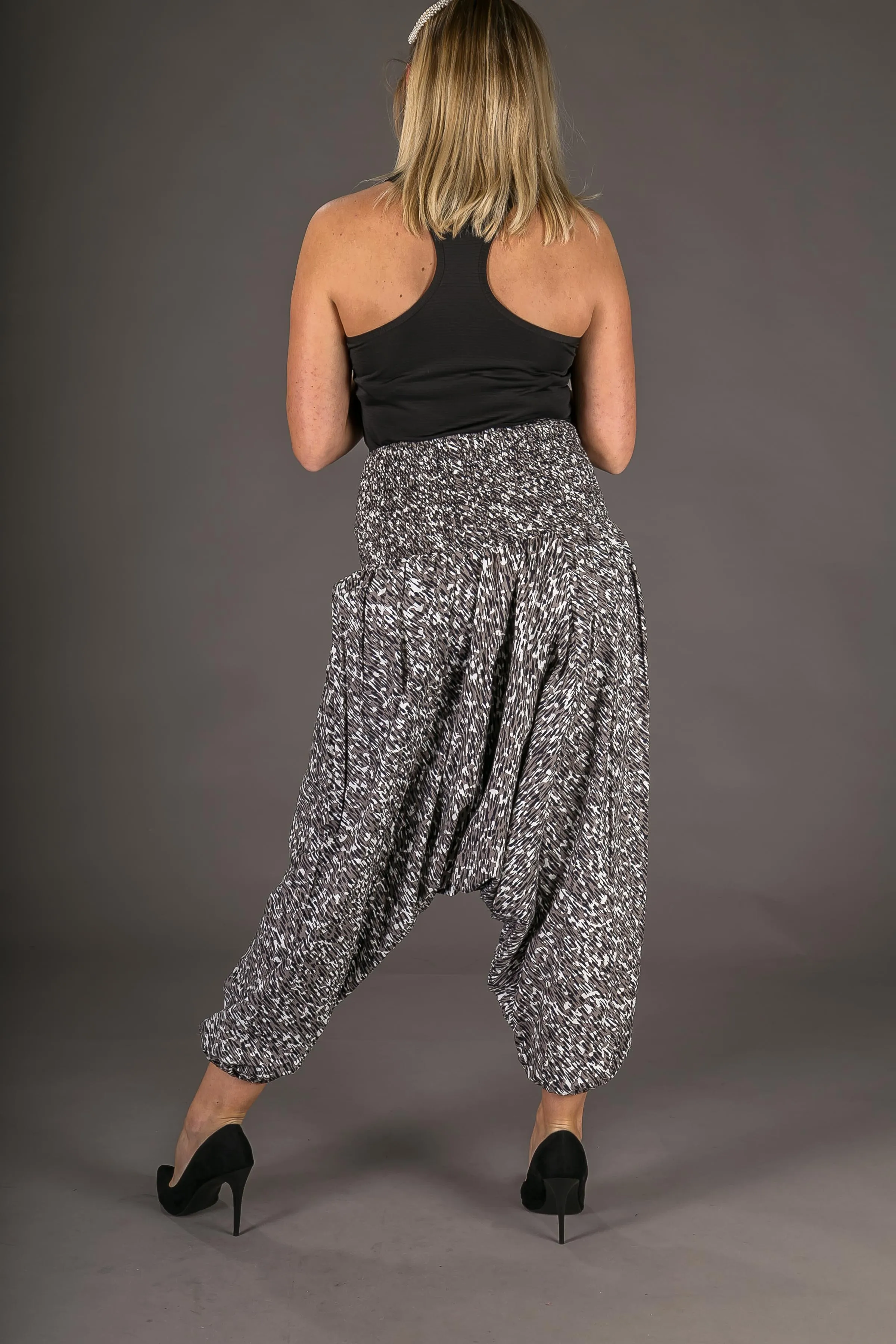 Black Splatter Print Cotton Harem Yoga Jumpsuit Pants