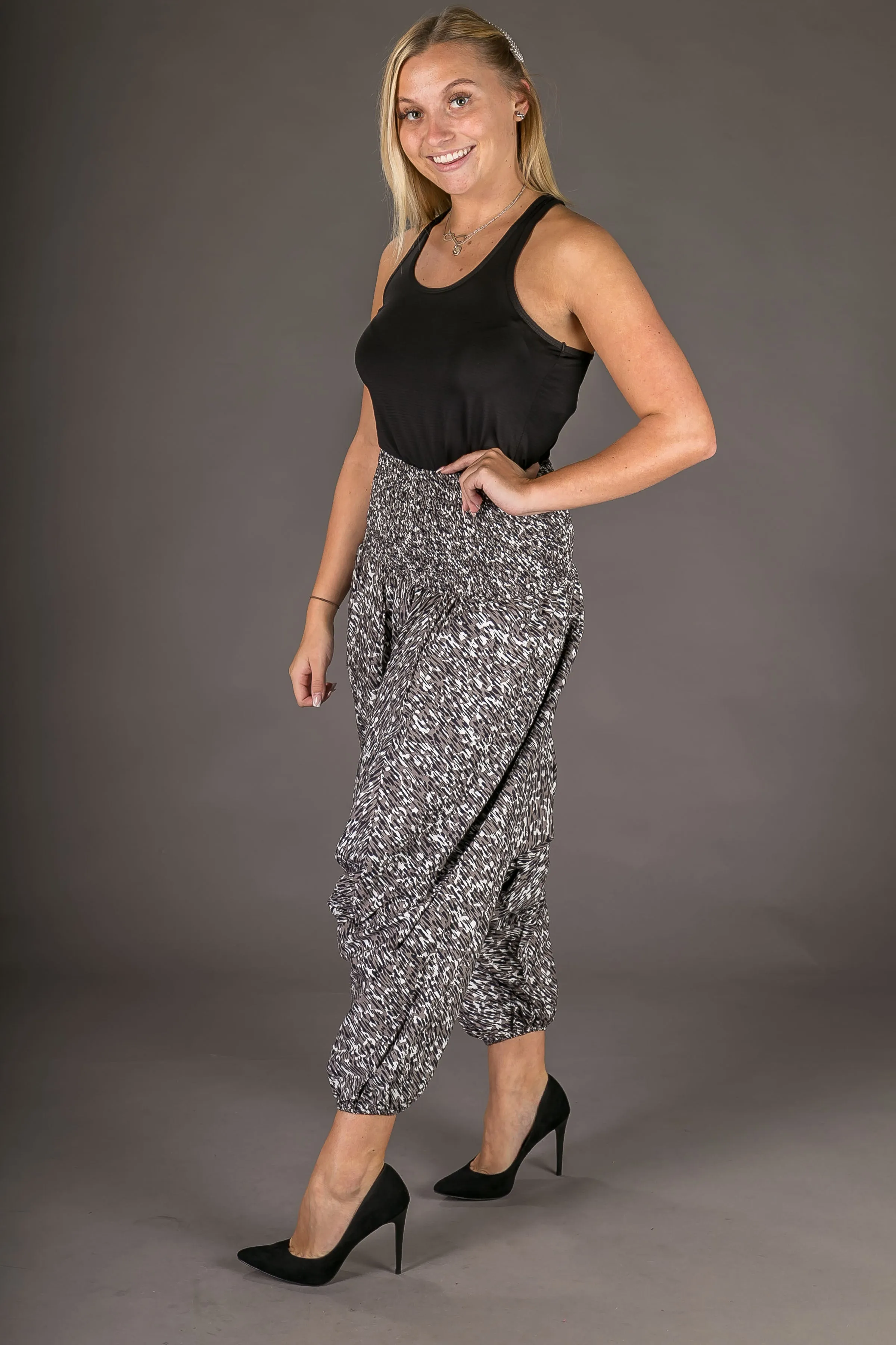 Black Splatter Print Cotton Harem Yoga Jumpsuit Pants