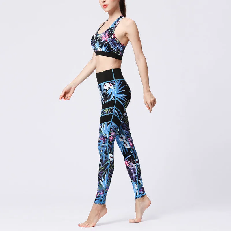 Buddha Stones 2Pcs Sunflower Flowers Leaves Print Top Pants Sports Fitness Yoga Women's Yoga Sets