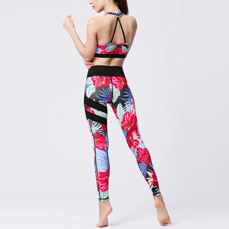 Buddha Stones 2Pcs Sunflower Flowers Leaves Print Top Pants Sports Fitness Yoga Women's Yoga Sets