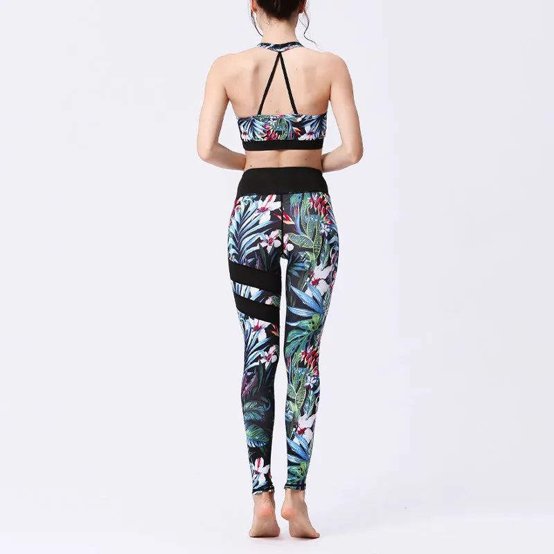 Buddha Stones 2Pcs Sunflower Flowers Leaves Print Top Pants Sports Fitness Yoga Women's Yoga Sets