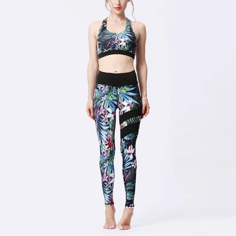 Buddha Stones 2Pcs Sunflower Flowers Leaves Print Top Pants Sports Fitness Yoga Women's Yoga Sets