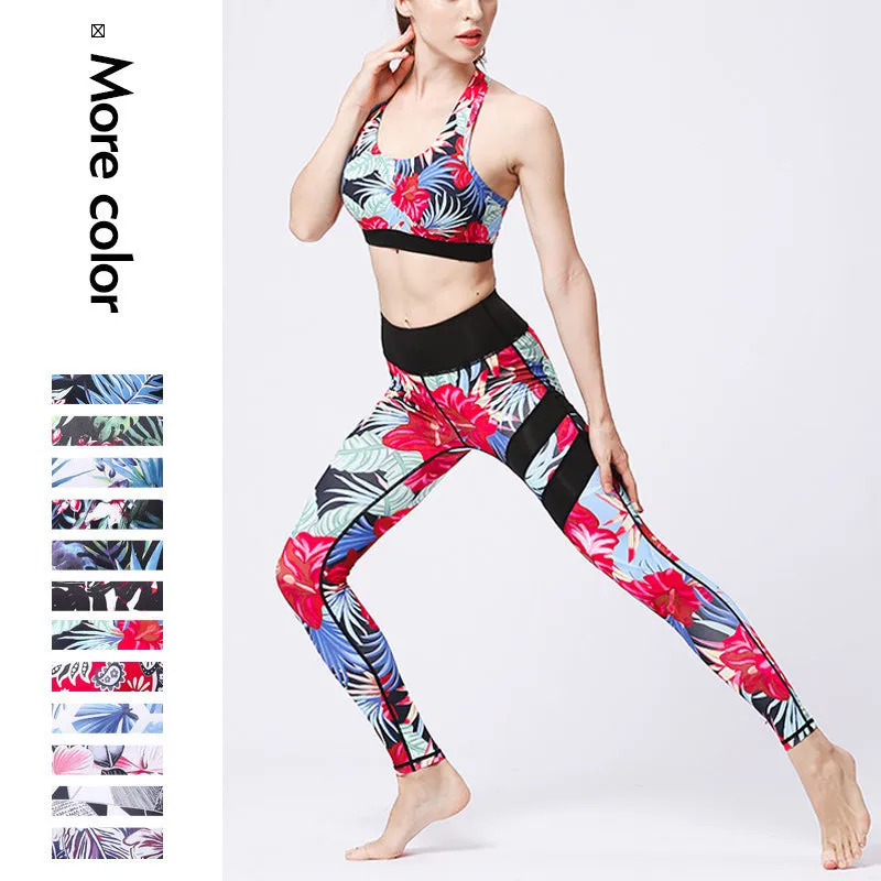 Buddha Stones 2Pcs Sunflower Flowers Leaves Print Top Pants Sports Fitness Yoga Women's Yoga Sets