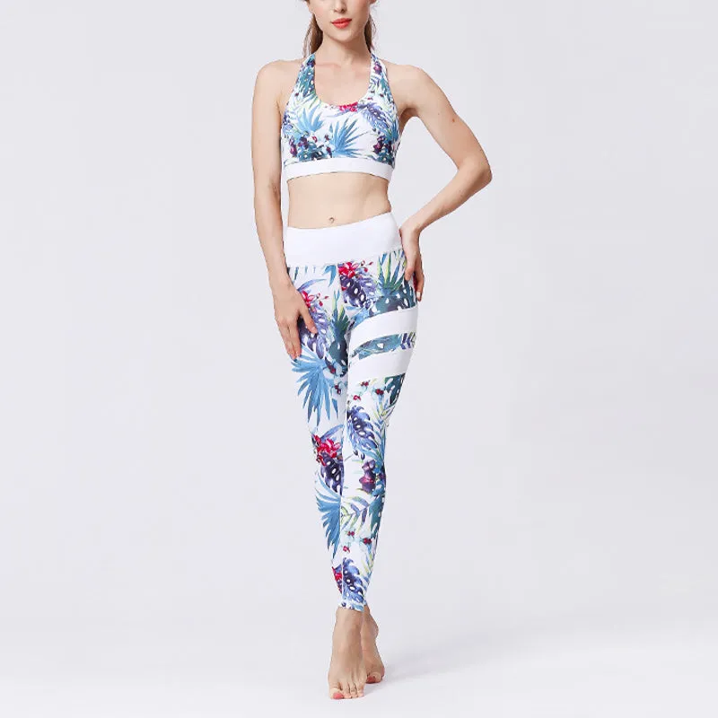 Buddha Stones 2Pcs Sunflower Flowers Leaves Print Top Pants Sports Fitness Yoga Women's Yoga Sets