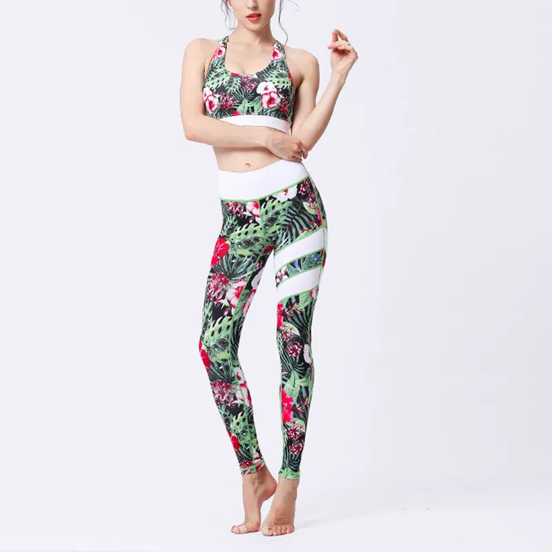 Buddha Stones 2Pcs Sunflower Flowers Leaves Print Top Pants Sports Fitness Yoga Women's Yoga Sets