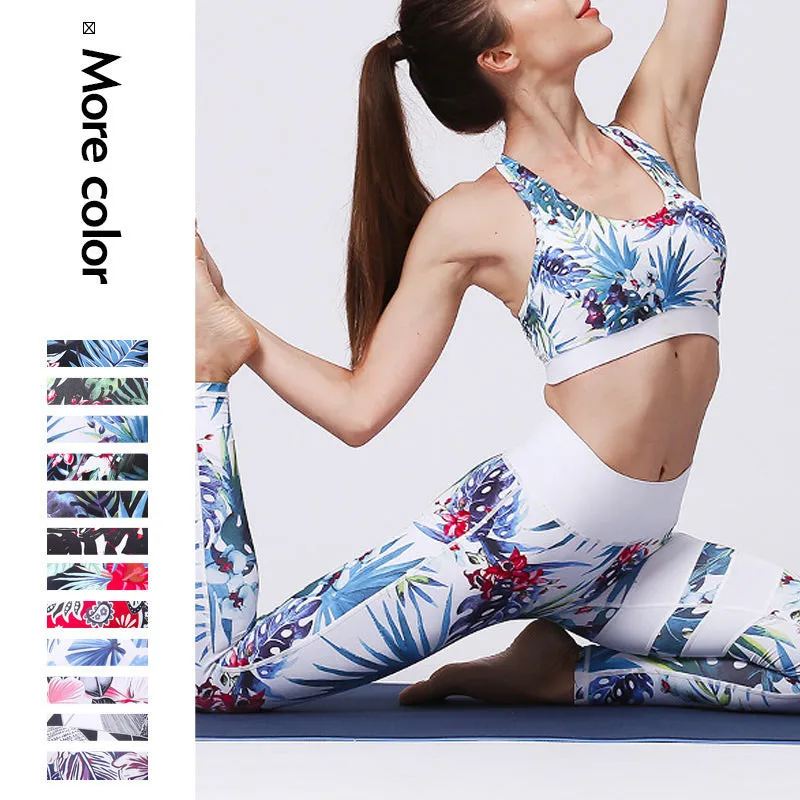 Buddha Stones 2Pcs Sunflower Flowers Leaves Print Top Pants Sports Fitness Yoga Women's Yoga Sets