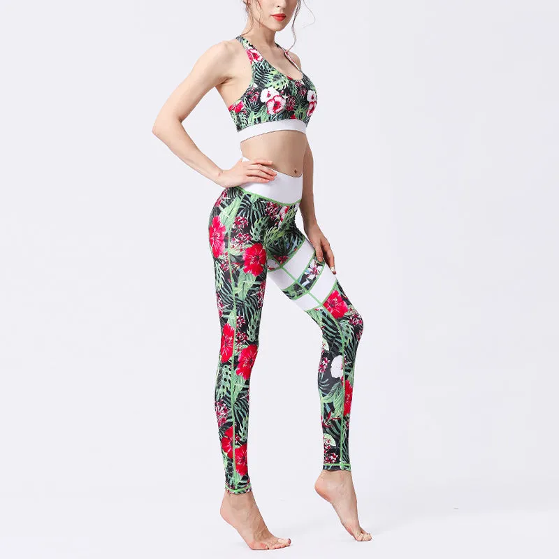 Buddha Stones 2Pcs Sunflower Flowers Leaves Print Top Pants Sports Fitness Yoga Women's Yoga Sets