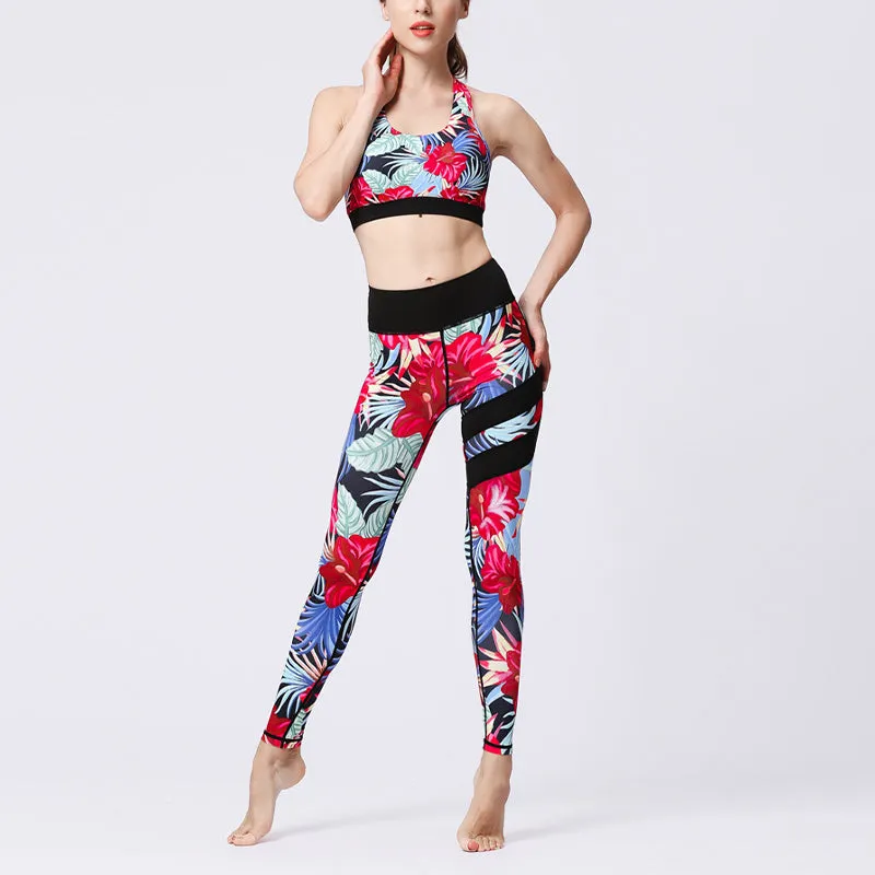 Buddha Stones 2Pcs Sunflower Flowers Leaves Print Top Pants Sports Fitness Yoga Women's Yoga Sets