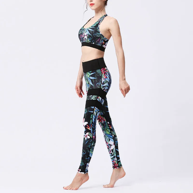 Buddha Stones 2Pcs Sunflower Flowers Leaves Print Top Pants Sports Fitness Yoga Women's Yoga Sets