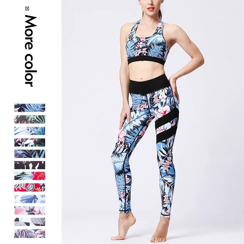 Buddha Stones 2Pcs Sunflower Flowers Leaves Print Top Pants Sports Fitness Yoga Women's Yoga Sets