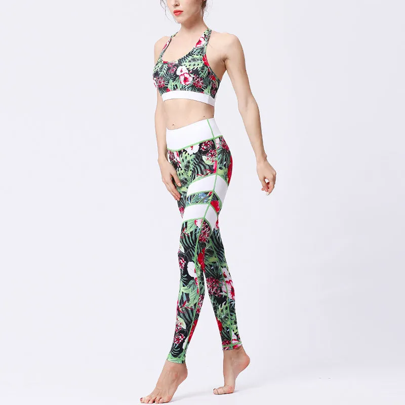 Buddha Stones 2Pcs Sunflower Flowers Leaves Print Top Pants Sports Fitness Yoga Women's Yoga Sets