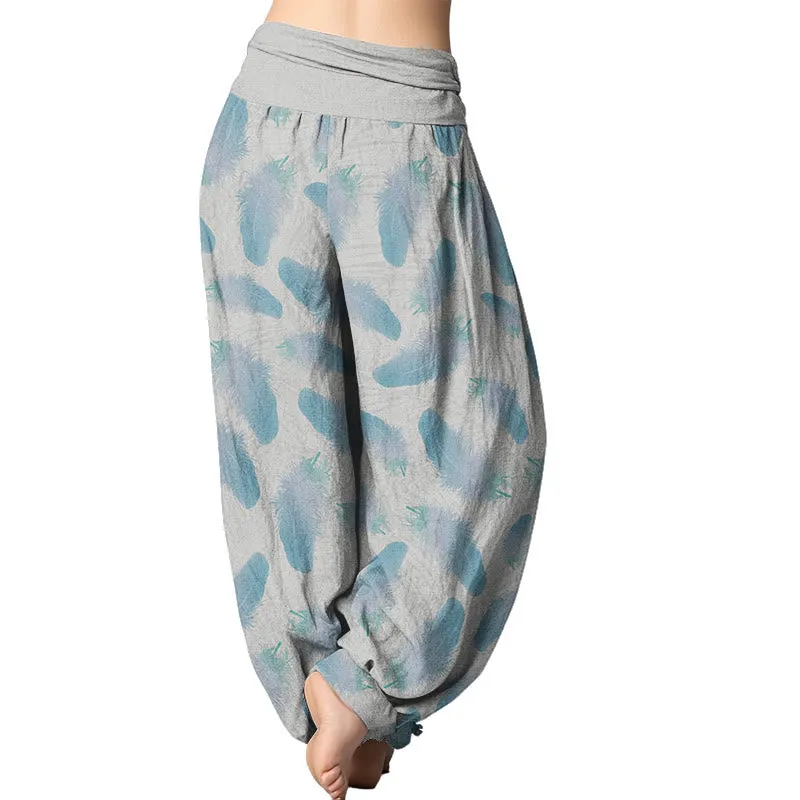 Womens Casual Harem Pants with Buddha Stones and Feather Pattern – Elastic Waist