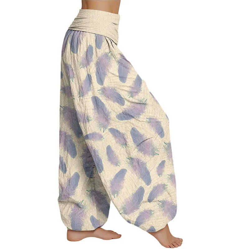 Womens Casual Harem Pants with Buddha Stones and Feather Pattern – Elastic Waist