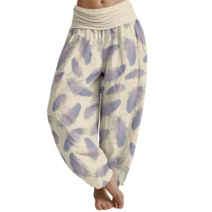 Womens Casual Harem Pants with Buddha Stones and Feather Pattern – Elastic Waist