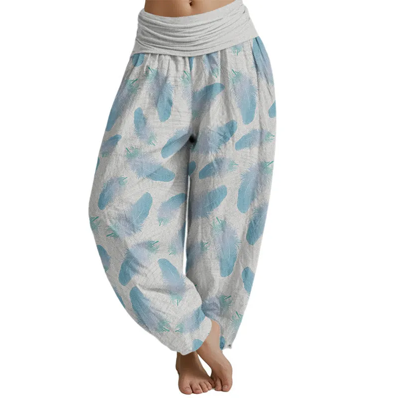 Womens Casual Harem Pants with Buddha Stones and Feather Pattern – Elastic Waist