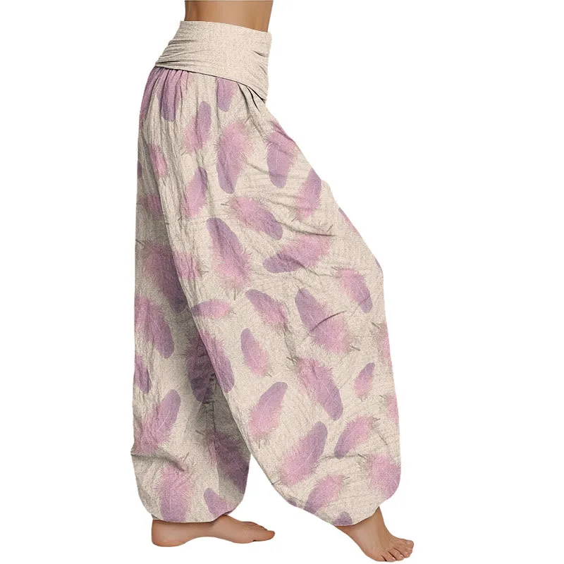 Womens Casual Harem Pants with Buddha Stones and Feather Pattern – Elastic Waist