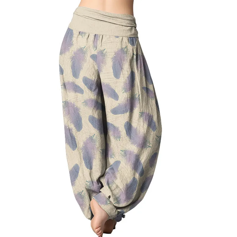 Womens Casual Harem Pants with Buddha Stones and Feather Pattern – Elastic Waist