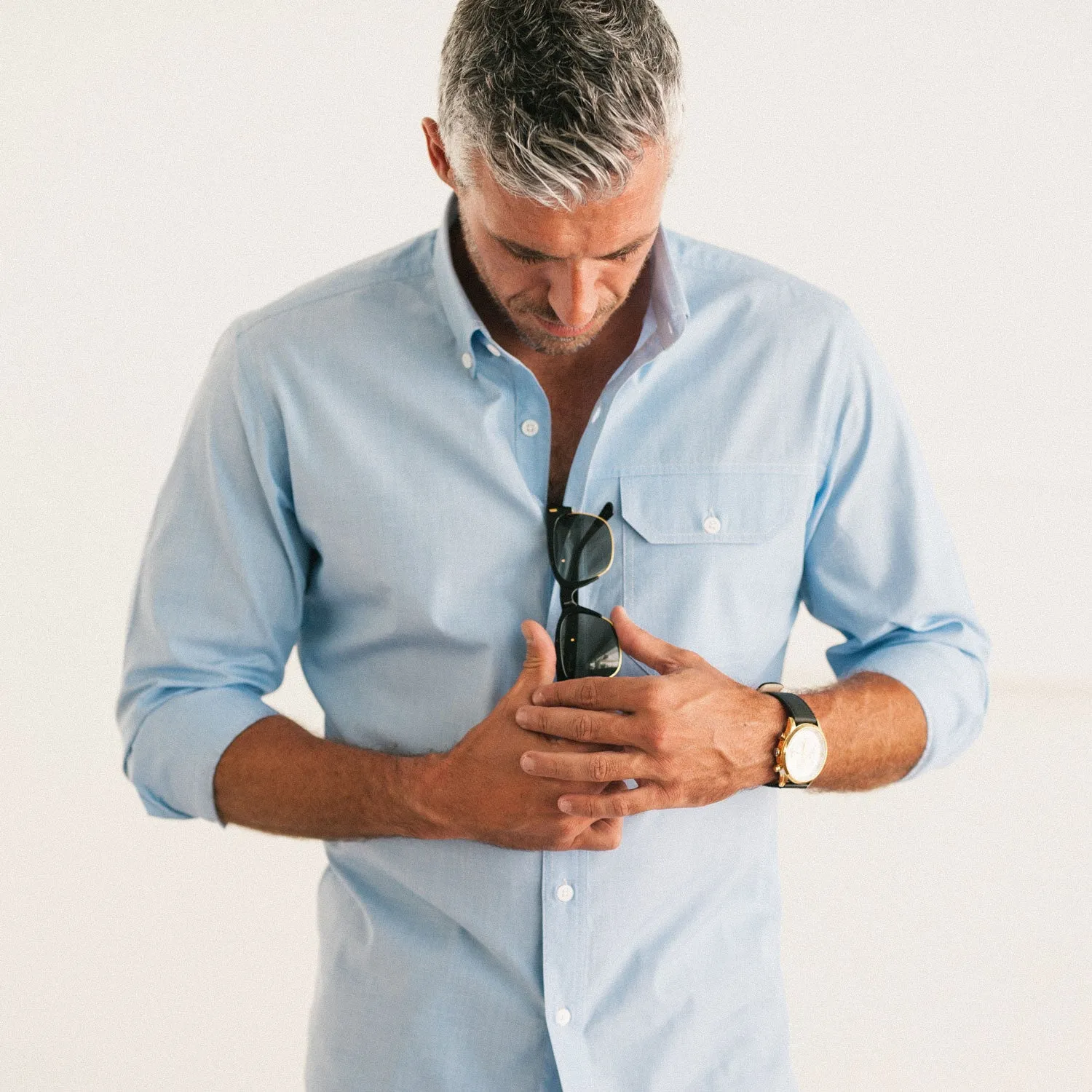 Casual Blue Cotton End-on-End Shirt for Builders