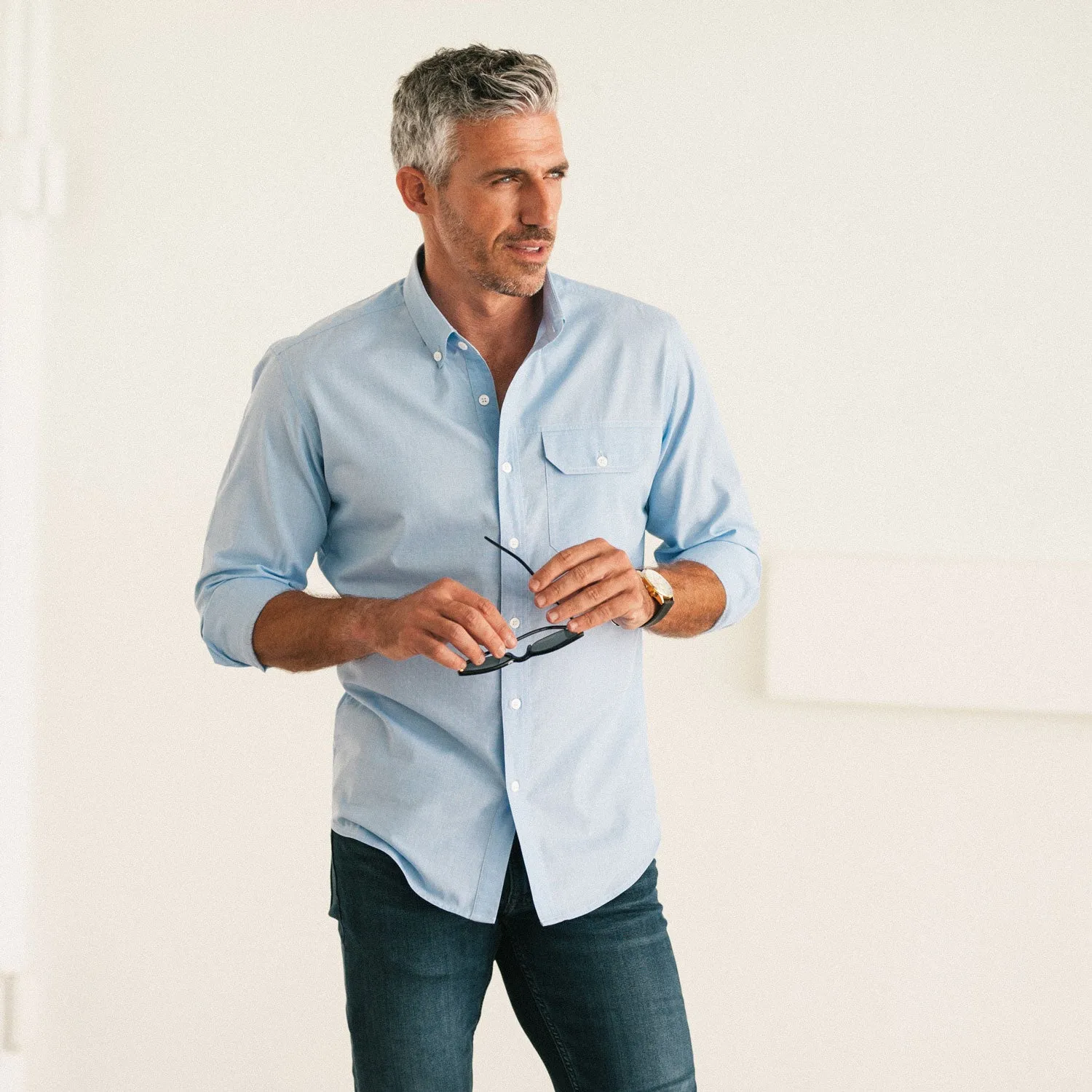 Casual Blue Cotton End-on-End Shirt for Builders