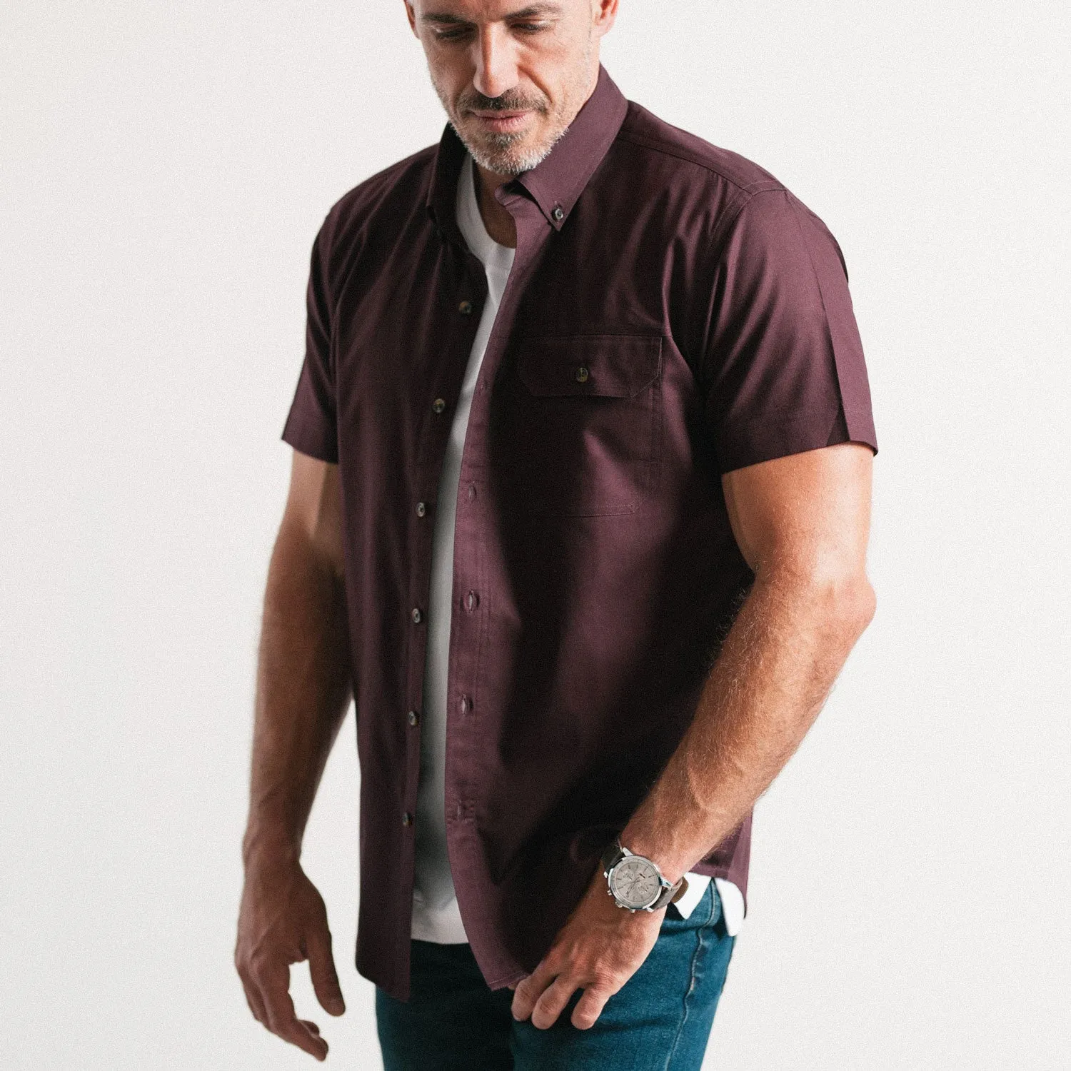 Builder Short Sleeve Casual Shirt – Burgundy Cotton Oxford