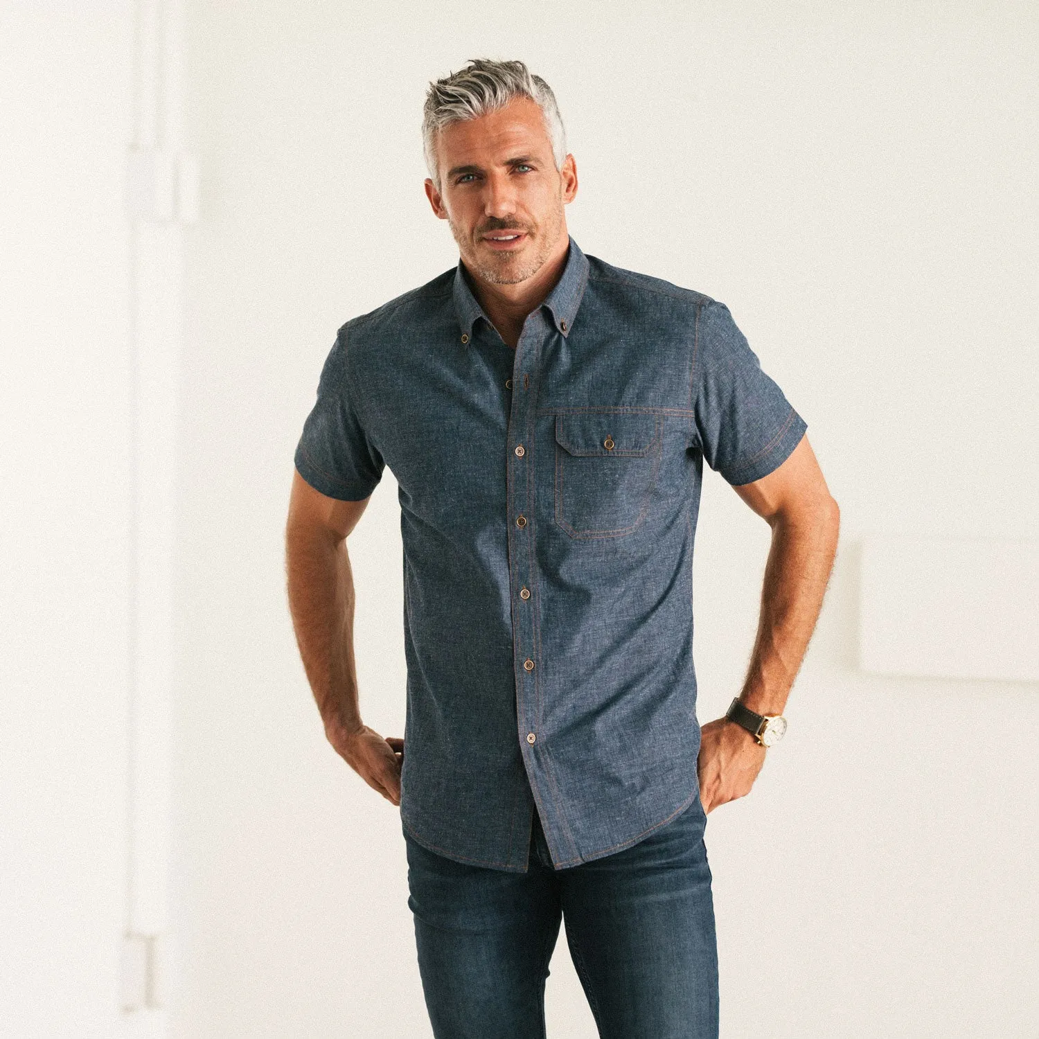 Builder Short Sleeve Casual Shirt – Navy Cotton End-on-end