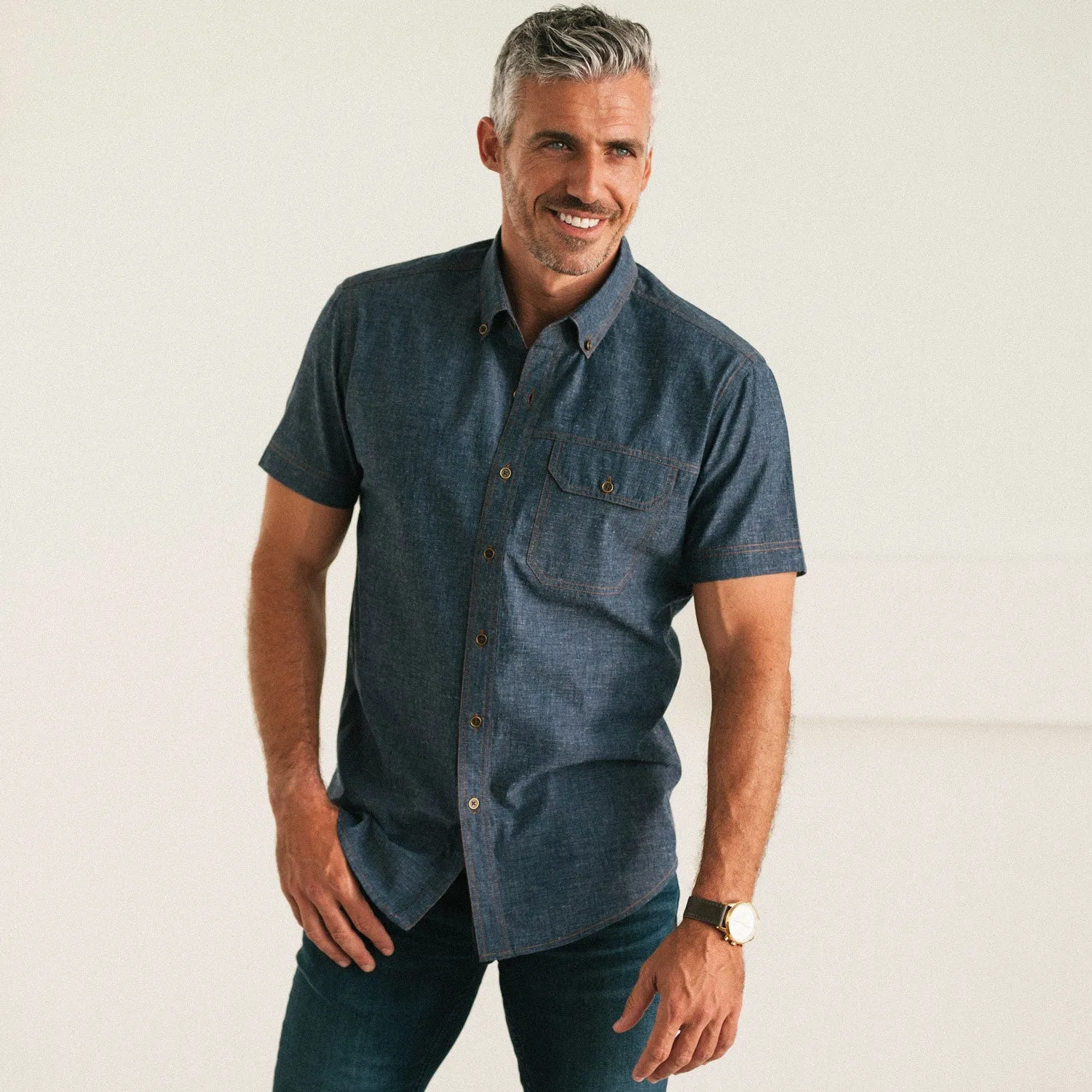 Builder Short Sleeve Casual Shirt – Navy Cotton End-on-end