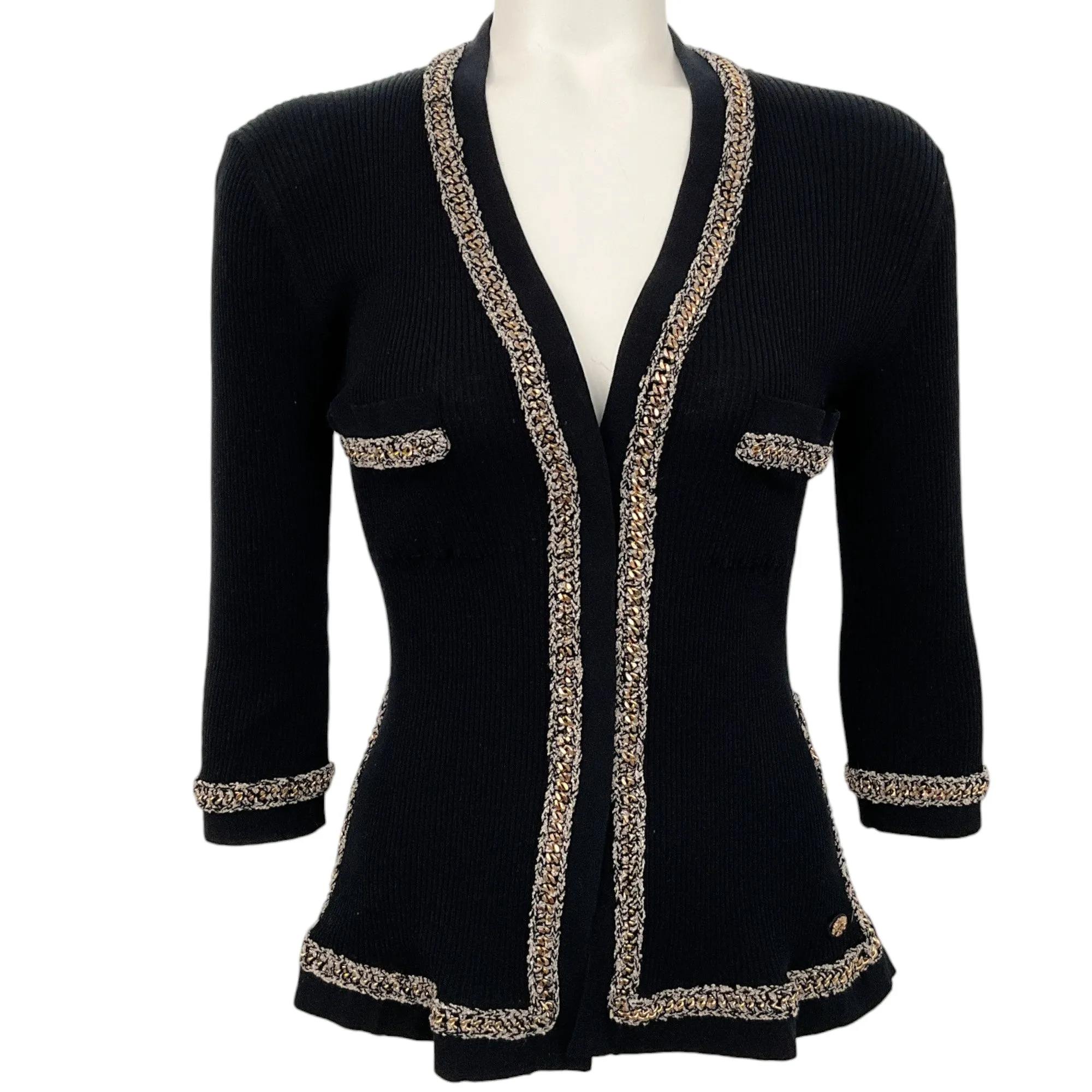 Chanel Black Cotton Ribbed Cardigan with Gold Chain Trim