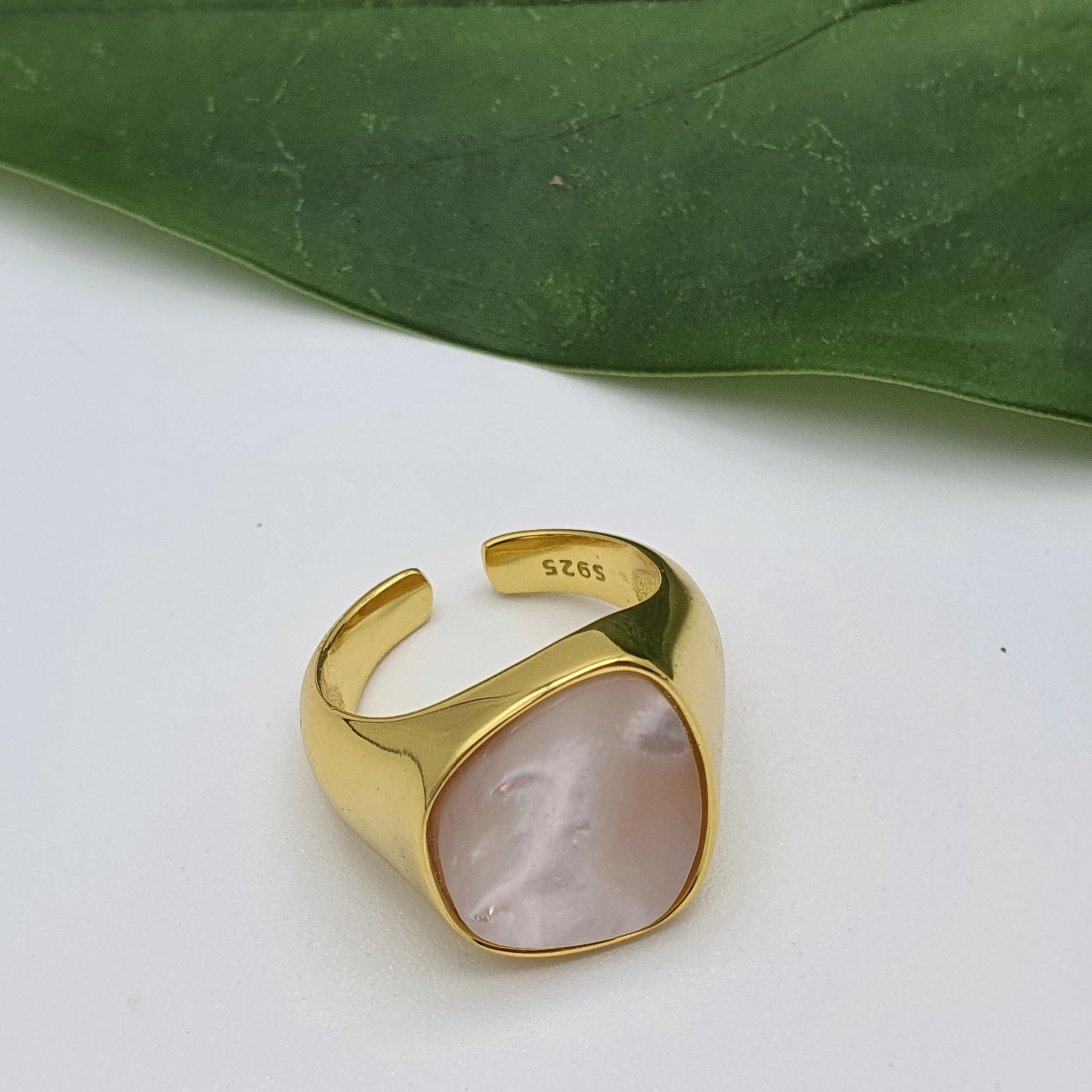 Chunky Mother Of Pearl Golden Ring, Sterling Silver