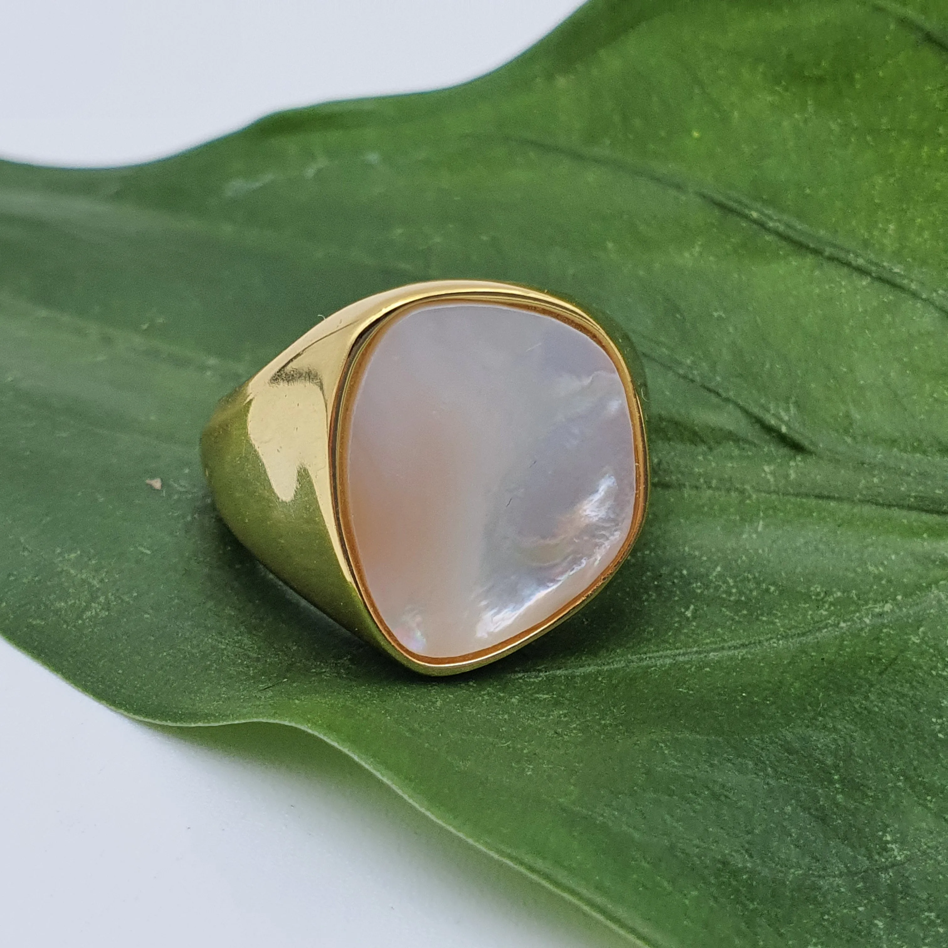 Chunky Mother Of Pearl Golden Ring, Sterling Silver