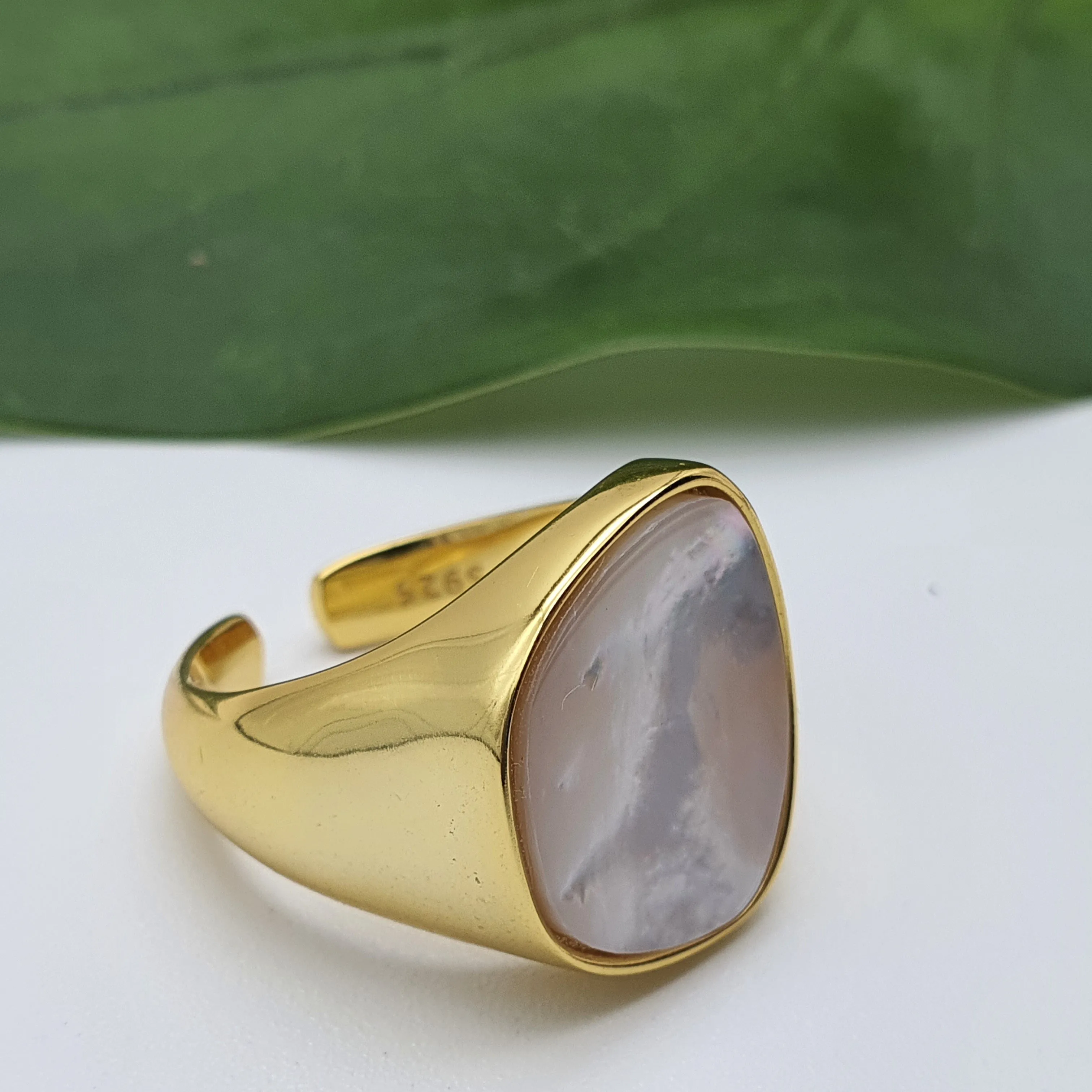 Chunky Mother Of Pearl Golden Ring, Sterling Silver