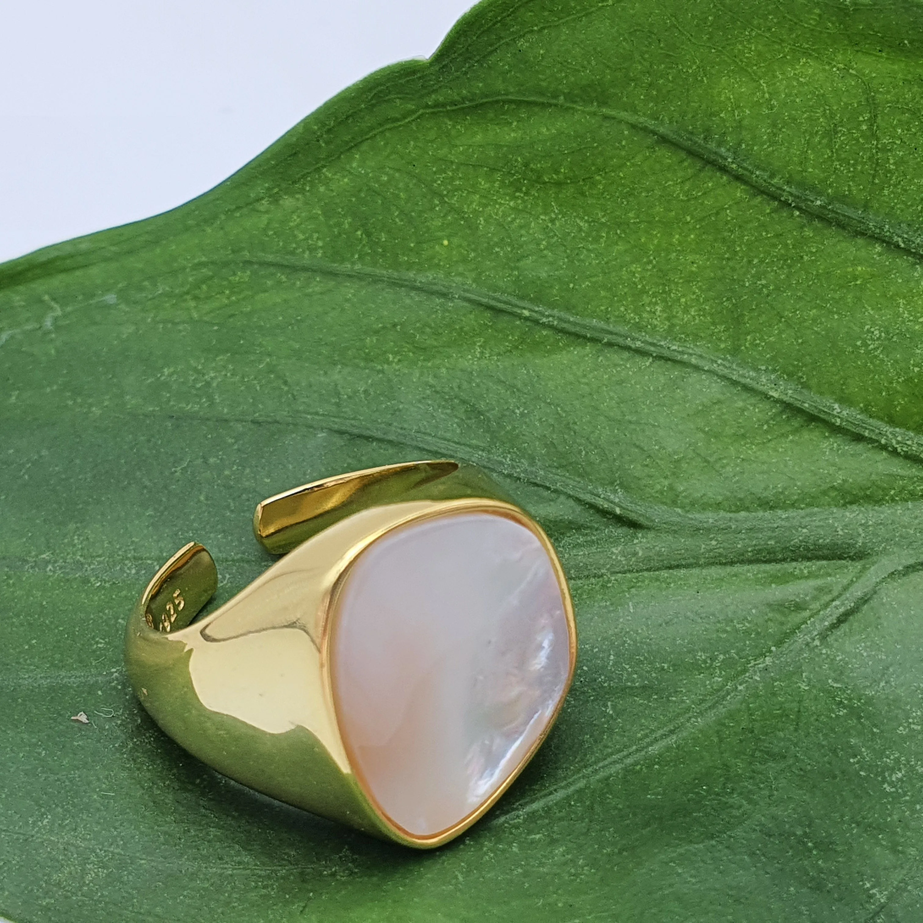 Chunky Mother Of Pearl Golden Ring, Sterling Silver