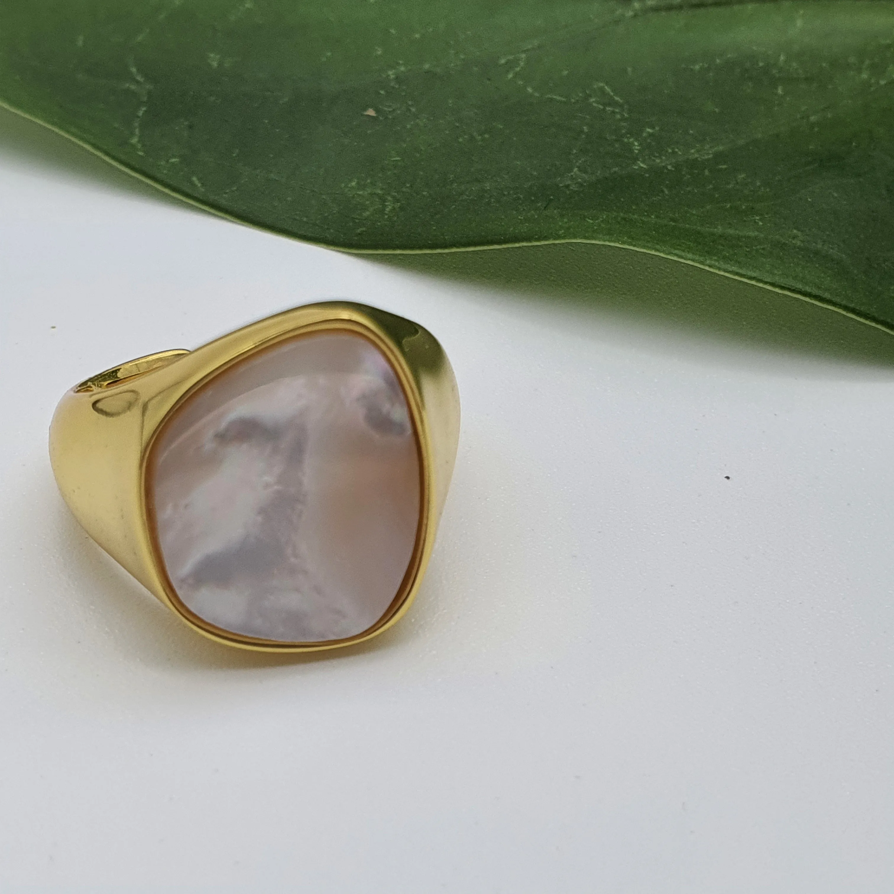 Chunky Mother Of Pearl Golden Ring, Sterling Silver