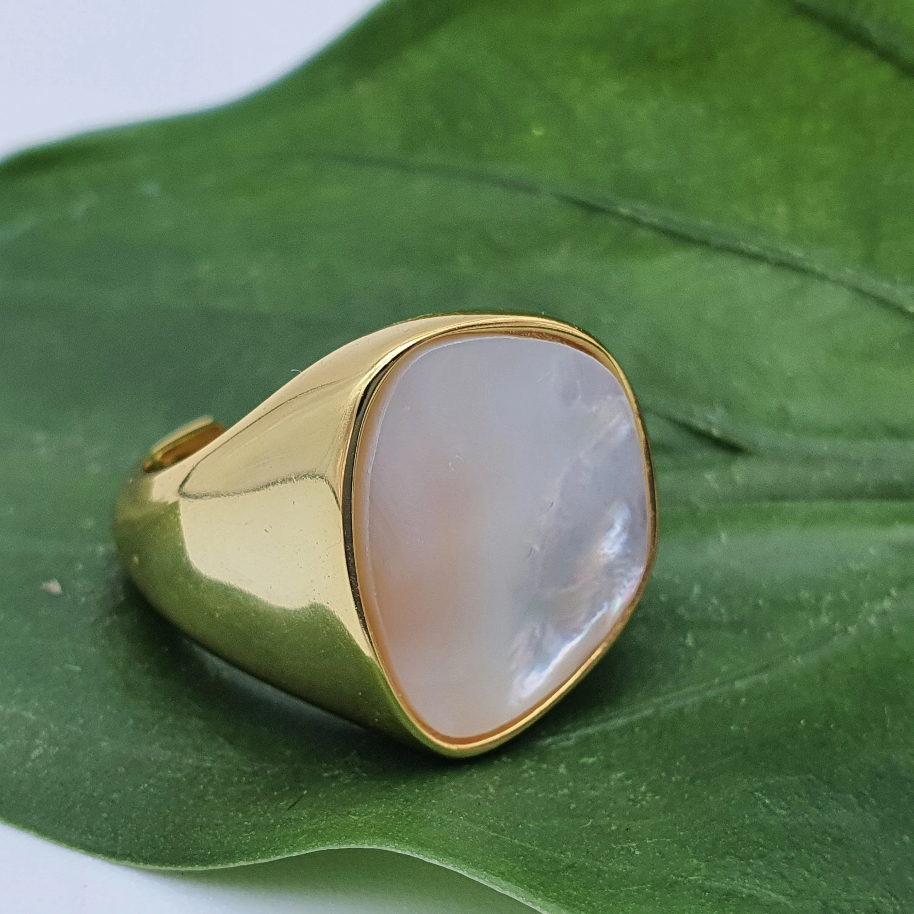 Chunky Mother Of Pearl Golden Ring, Sterling Silver