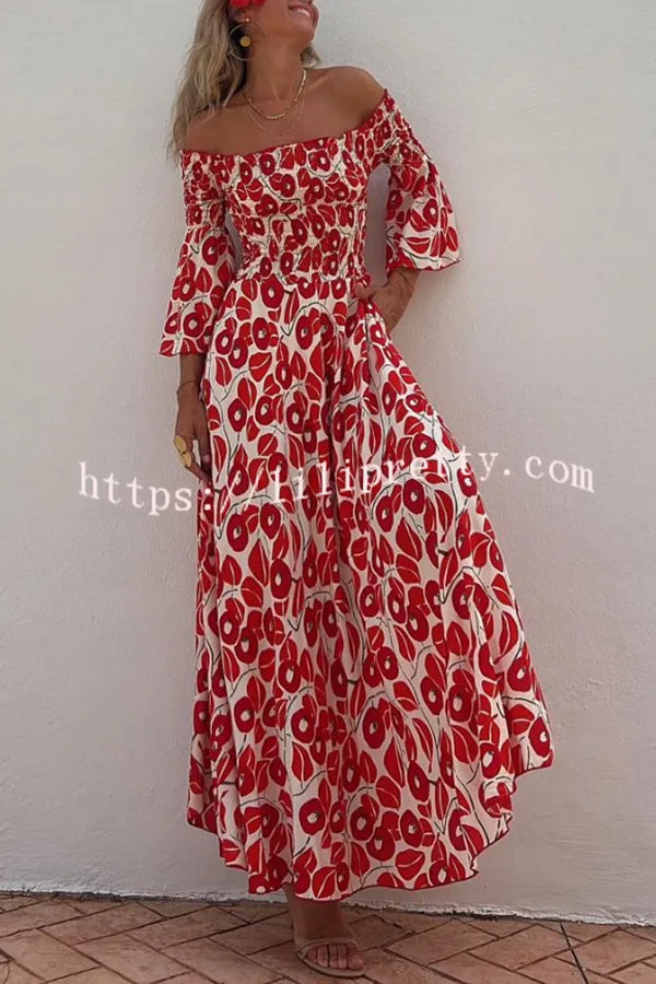 Close To The Vacation Floral Print Smocked Off Shoulder Pocketed Maxi Dress