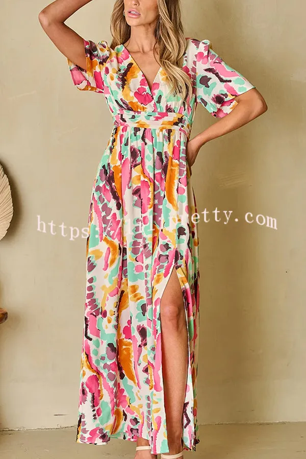 Colorful Printed Backless Lace Up Slit Maxi Dress