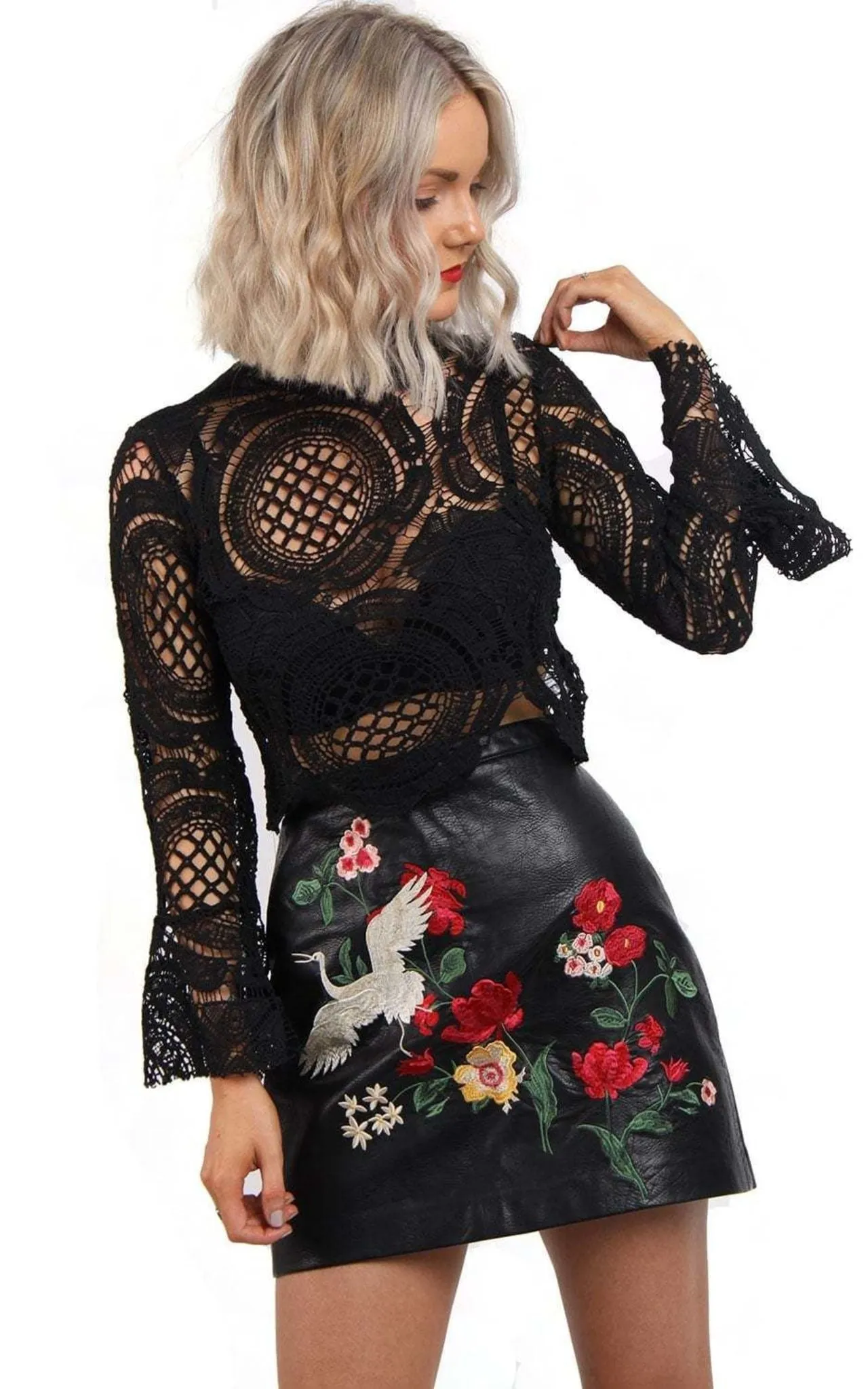 Cropped Crochet Lace Bell Sleeve Top