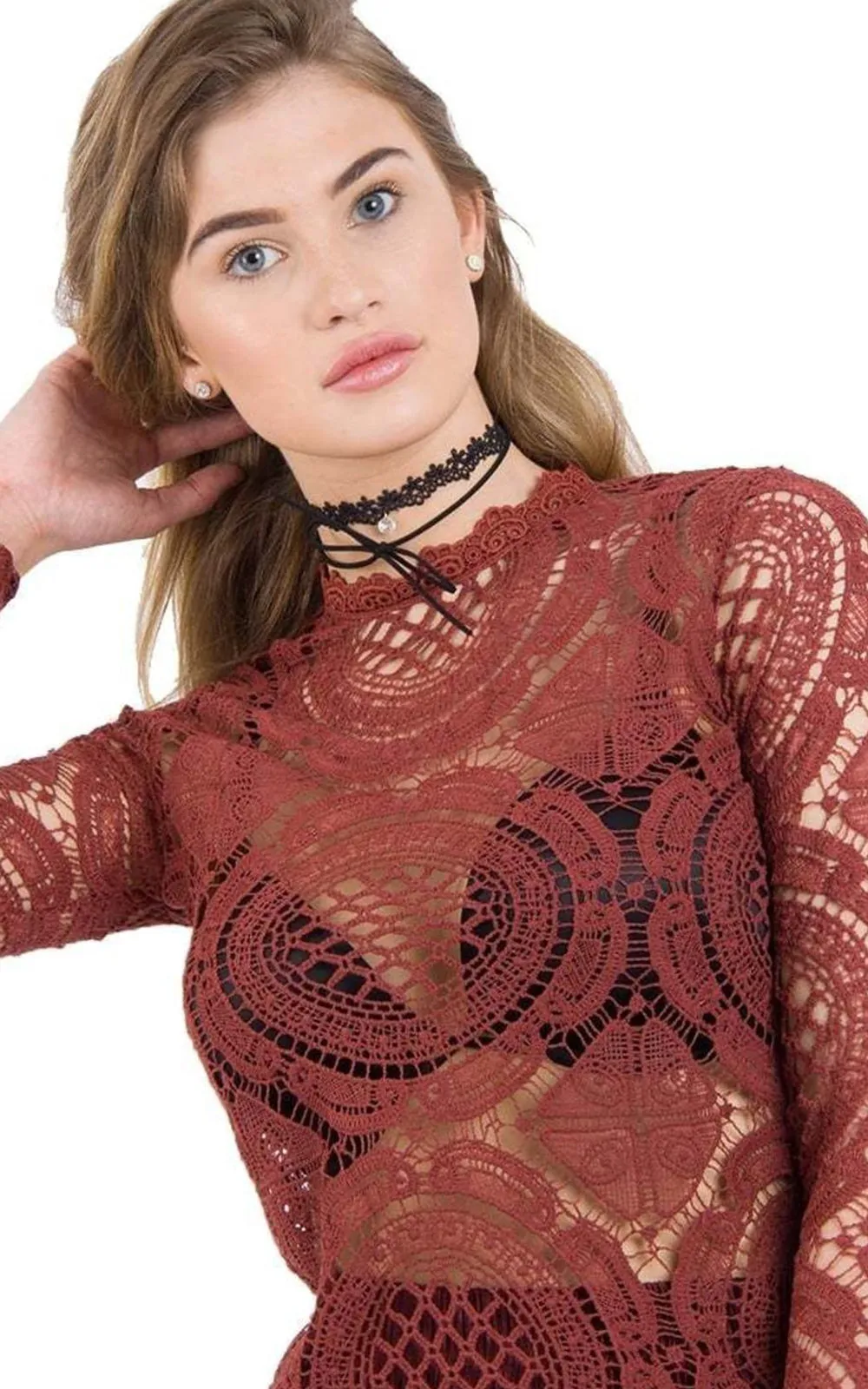 Cropped Crochet Lace Bell Sleeve Top