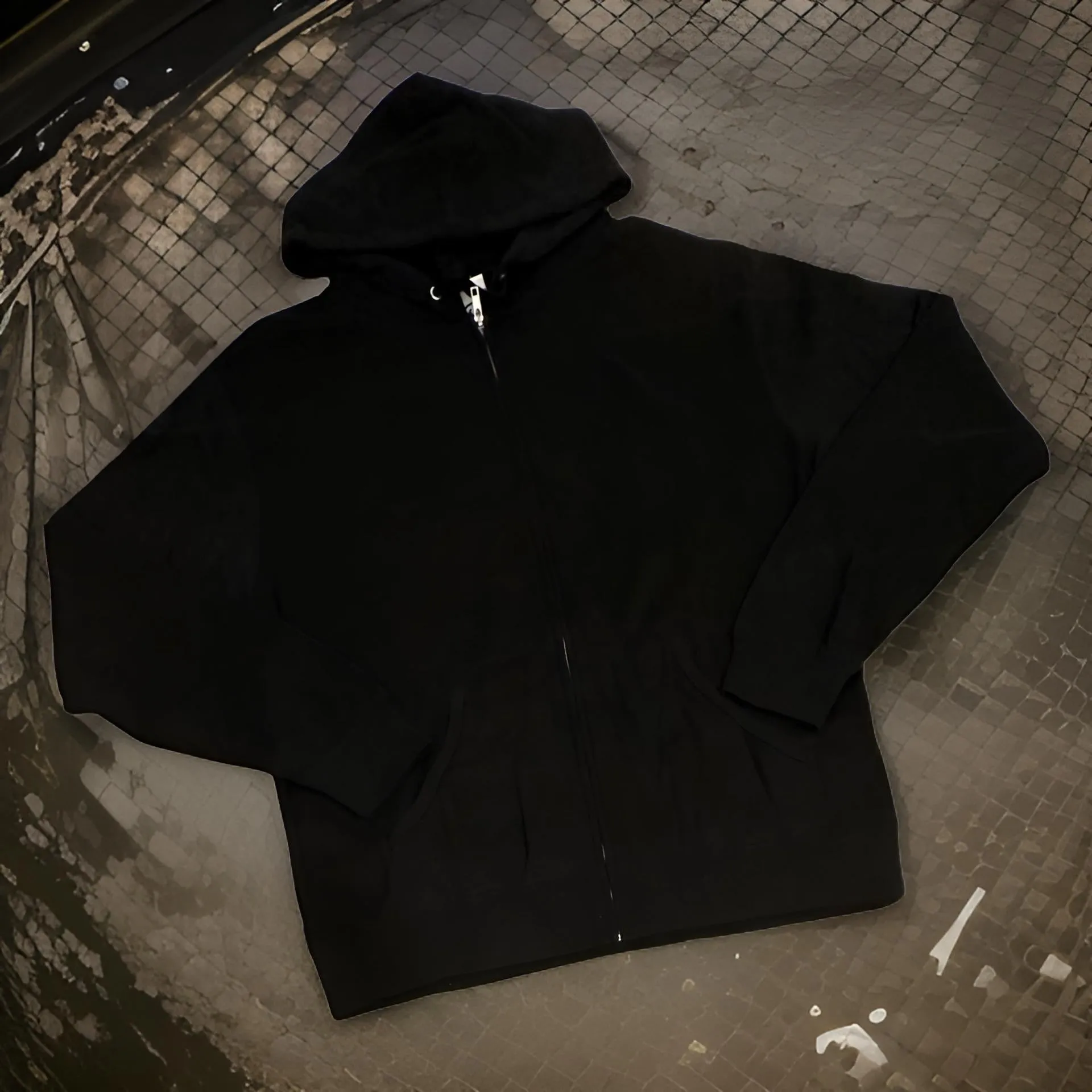 *DESIGN BY HUMANS* (BLACK) ZIP UP HOODIE (DISTRESSED LOGO STYLE)